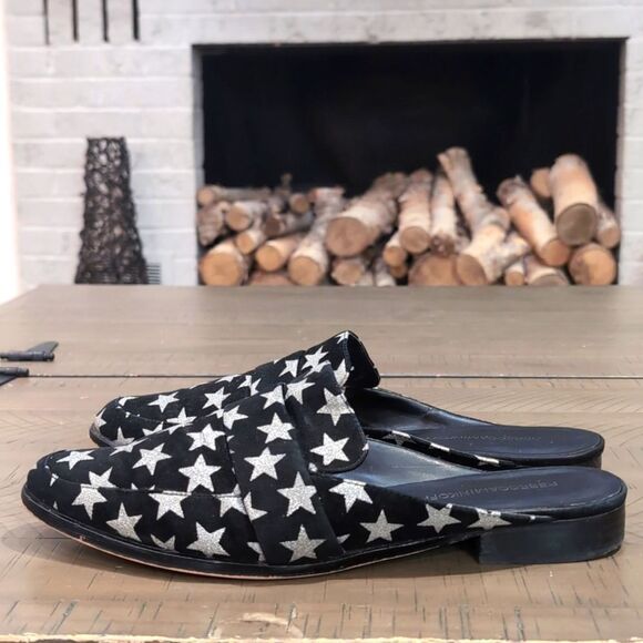 Rebecca Minkoff Black Mika In Galaxy Print Mules/Slides Sz 9.5 - Picture 2 of 8